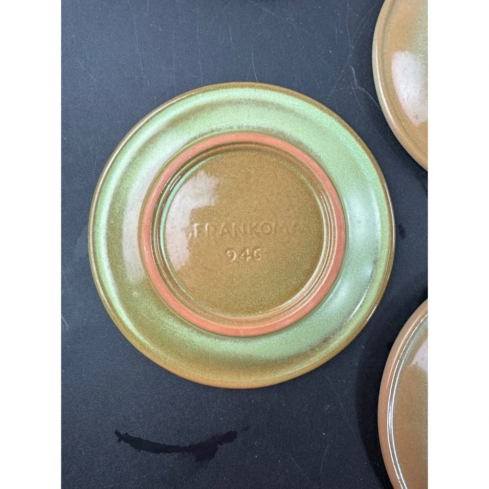Vtg Frankoma Appetizer Plates Set‎ of 7 Brown Green Wagon Wheel Sunburst 6.5